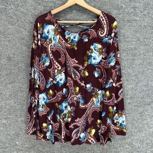 Sew In Love Blouse Women XL Red Floral Long Sleeve Round Neck Pullover Casual